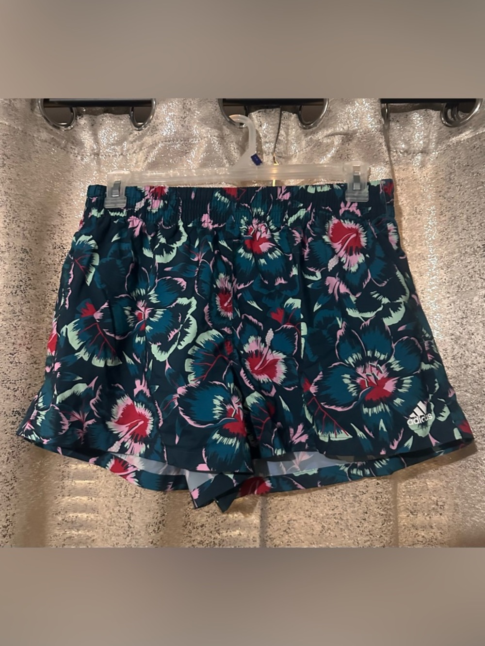 adidas Teal Floral Athletic Shorts with Pink Accents